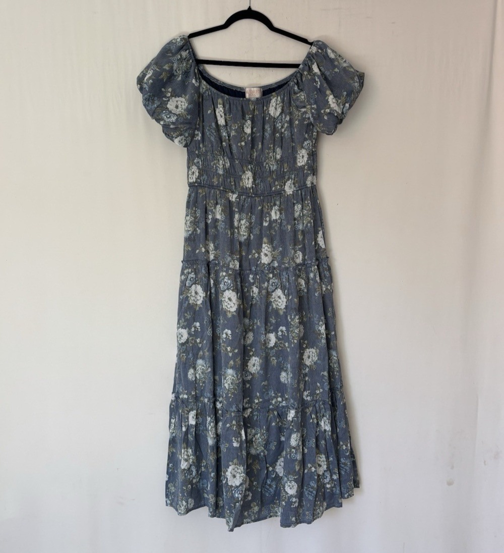 Audrey Parks Dress Large Maxi Aline Blue Floral Boho Aline Tiered